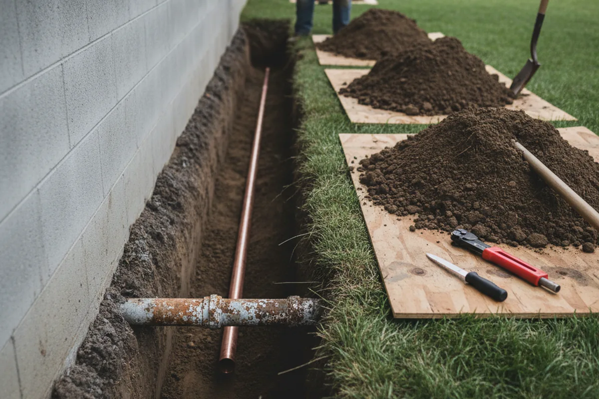 Excavated water line trench during Sewer Line Repair in Avilla